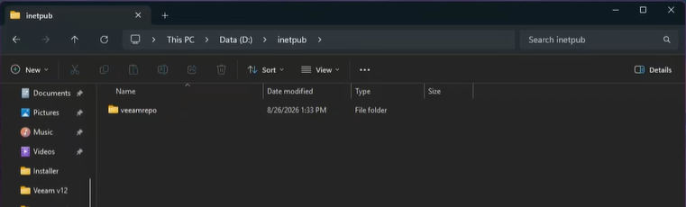File Explorer showing a veeamrepo folder under D:\inetpub