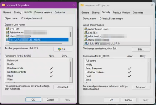 Security tabs of wwwroot and veeamrepo side by side, both granting IIS_IUSRS Read & execute, List folder contents and Read