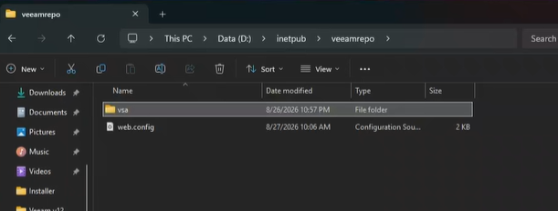 The veeamrepo folder containing a vsa subfolder and a web.config file