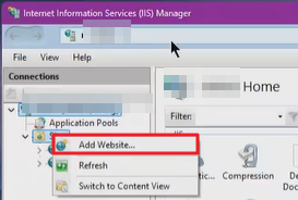 IIS Manager context menu on Sites with Add Website highlighted
