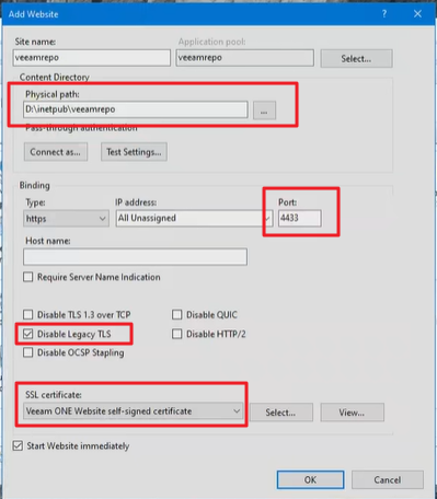 Add Website dialog: physical path D:\inetpub\veeamrepo, https binding on port 4433, Disable Legacy TLS ticked, Veeam ONE Website self-signed certificate selected