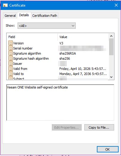 Certificate Details tab with the Copy to File button