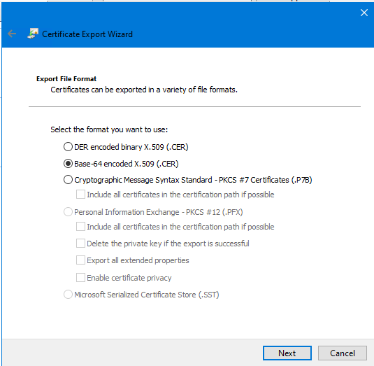 Certificate Export Wizard with Base-64 encoded X.509 selected