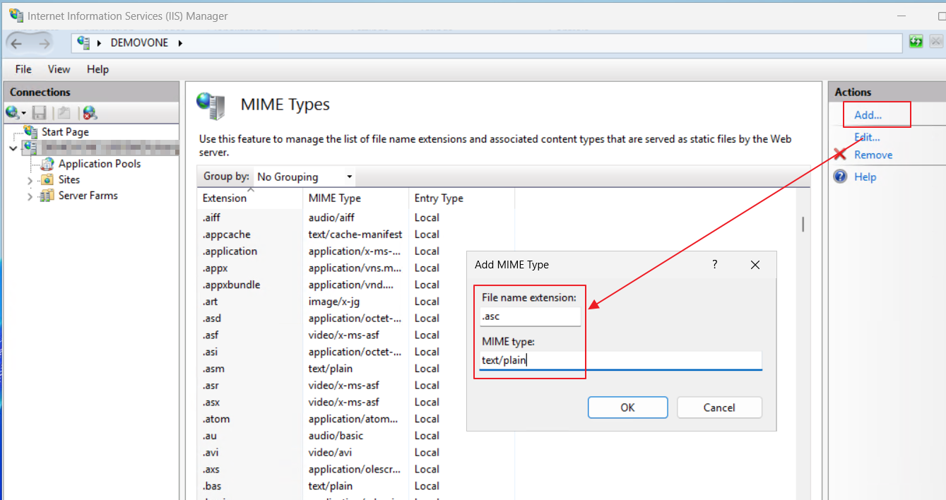 Add MIME Type dialog with extension .asc and MIME type text/plain