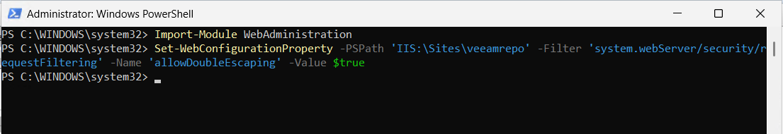 Administrator PowerShell window running the two commands for a site named veeamrepo