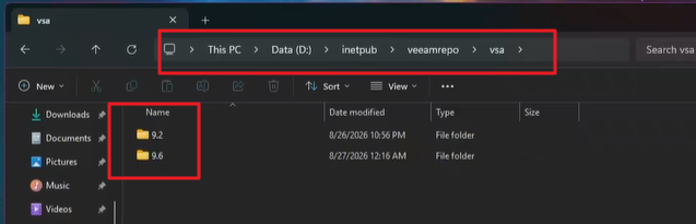 File Explorer at D:\inetpub\veeamrepo\vsa showing version folders 9.2 and 9.6