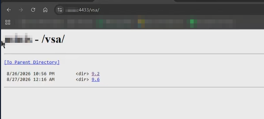 Browser showing the IIS directory listing of /vsa/ on port 4433 with folders 9.2 and 9.6