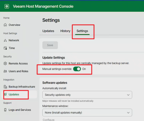 Veeam Host Management Console, Updates › Settings with Manual settings override switched on