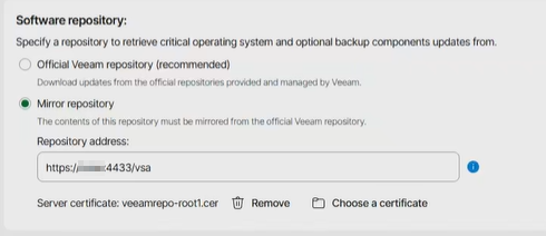 Software repository set to Mirror repository with an https address on port 4433 and server certificate veeamrepo-root1.cer