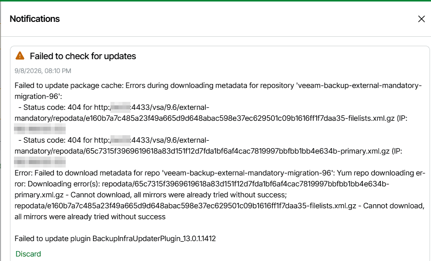 Failed to check for updates notification: status code 404 for repodata files while downloading metadata