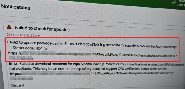 Failed to check for updates: status code 404 for repomd.xml.asc, GPG signature not available